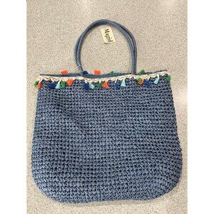 Magid Medium Blue Paper Straw Crochet Lined Tote Bag Beach Tassels